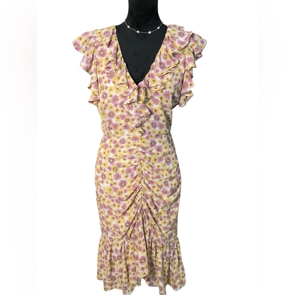 WAYF Daphne pink and yellow floral print midi ruffle dress. MED. COTTAGECORE - Picture 8 of 16